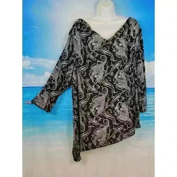 MSK Woman BLACK SILVER Print TUNIC Top Vintage Paisley STRETCH Cowl Neck size 2x - Picture 3 of 8